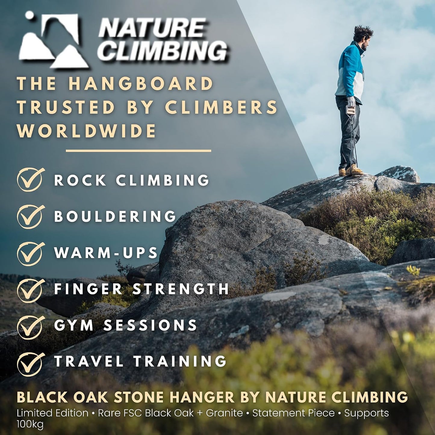 Portable Hangboard | Rock Climbing Hangboard | Hang Board for Climbing | Fingerboard | Strengthen Your Fingers | Bouldering Gifts | Hard Wood