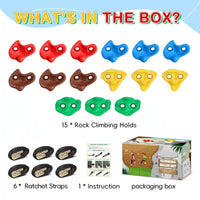 15-Piece Climbing Hold Set, 6 Straps 9.8 Ft. Each, No-Drill Kids Climbing Rocks in 5 Colors, 230 Lb. Capacity