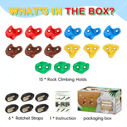 15-Piece Climbing Hold Set, 6 Straps 9.8 Ft. Each, No-Drill Kids Climbing Rocks in 5 Colors, 230 Lb. Capacity
