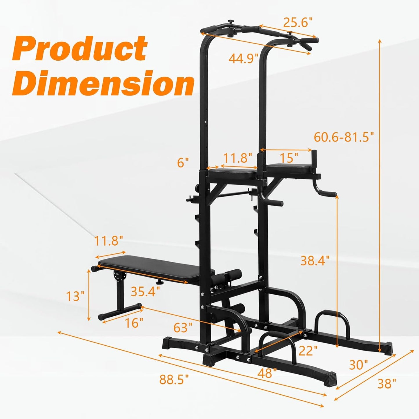 Power Tower with Bench Pull up Bar Dip Station Adjustable Height Dip Stand Multi-Function Fitness Rack for Gym Home Living Room Black