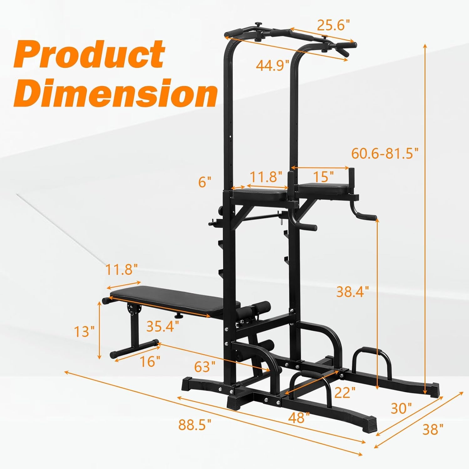Power Tower with Bench Pull up Bar Dip Station Adjustable Height Dip Stand Multi-Function Fitness Rack for Gym Home Living Room Black