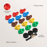 15-Piece Climbing Hold Set, 6 Straps 9.8 Ft. Each, No-Drill Kids Climbing Rocks in 5 Colors, 230 Lb. Capacity — infographic