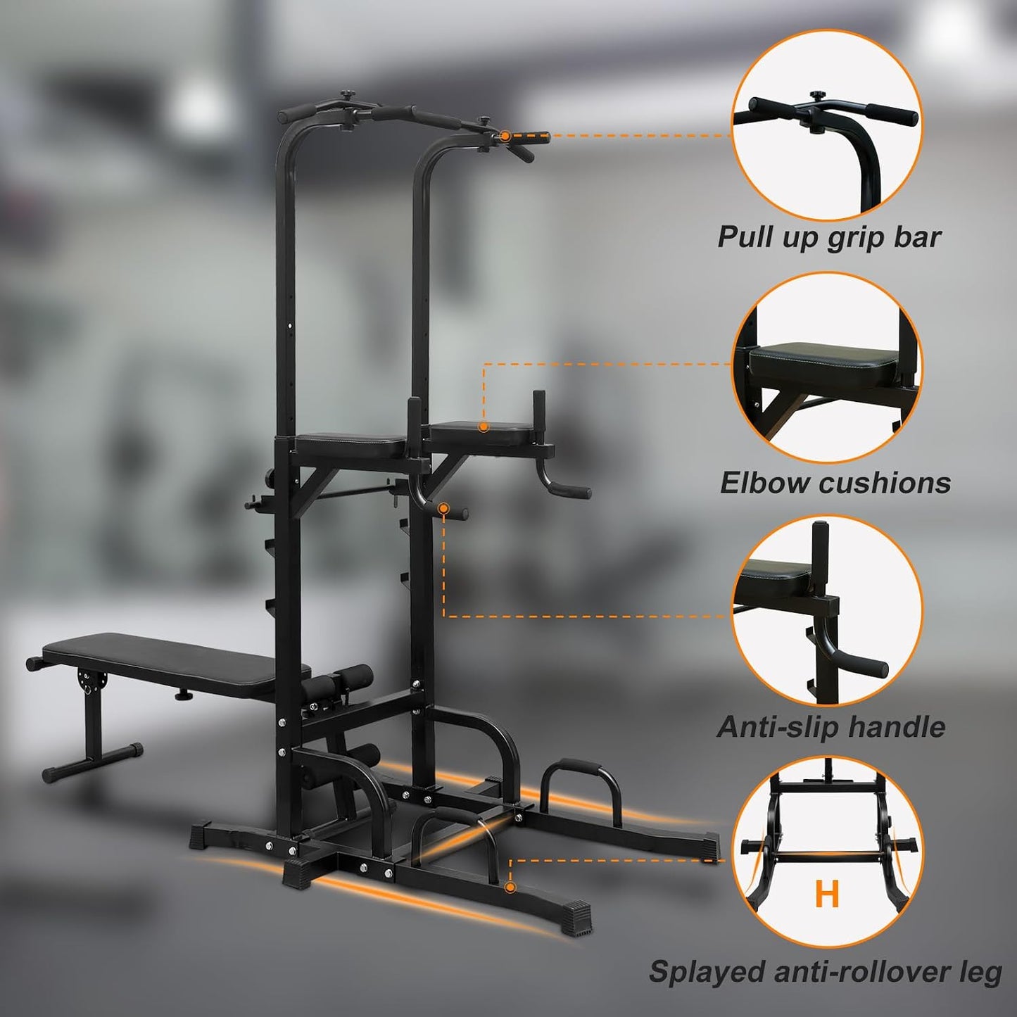 Power Tower with Bench Pull up Bar Dip Station Adjustable Height Dip Stand Multi-Function Fitness Rack for Gym Home Living Room Black