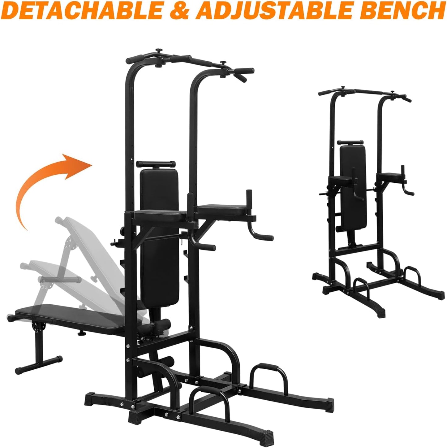 Power Tower with Bench Pull up Bar Dip Station Adjustable Height Dip Stand Multi-Function Fitness Rack for Gym Home Living Room Black