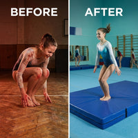 Flooringinc'S Folding Gymnastics Crash Mat – Thick Safety Landing Pad for Tumbling, Martial Arts & Training, Two Size Options: 2 Inch X 4 Ft X 6 Ft or 8 Inch X 4 Ft X 8 Ft — Before & After