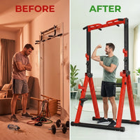 Foldable Power Tower Pull up Bar Station, Adjustable Height | Portable Free Standing,700Lbs Load Max, Adjustable Height Fits Man,Woman,Power Tower Pull up Dip Station, Multi Grips — Before & After