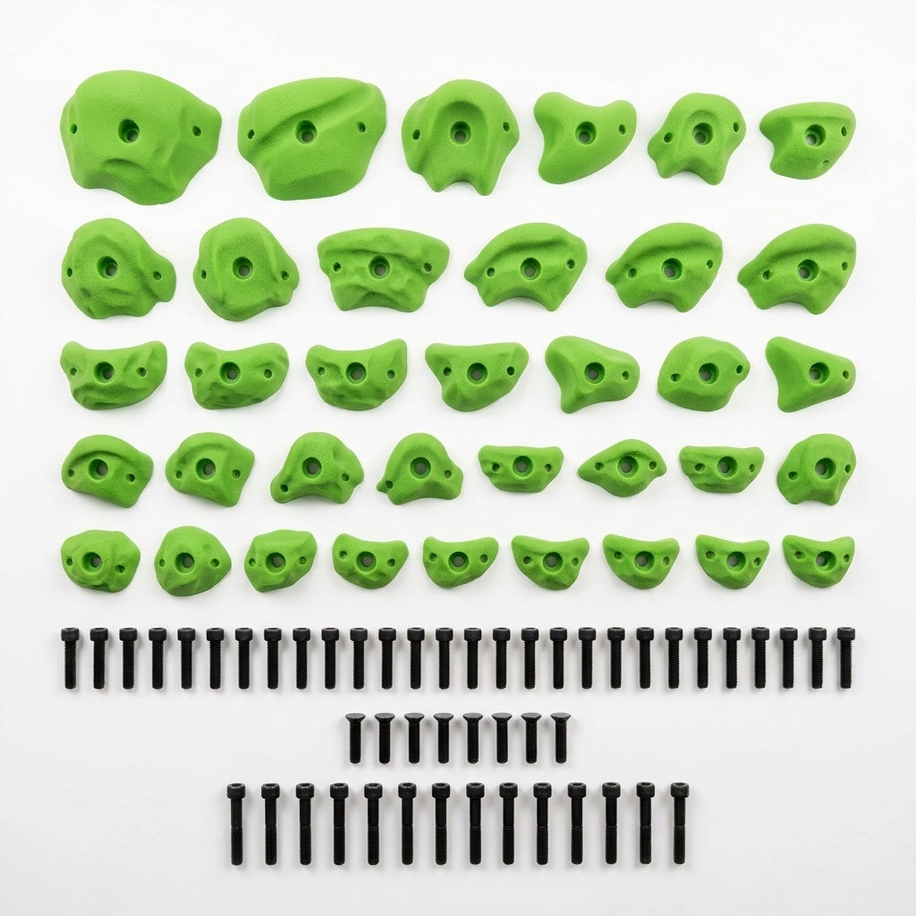 Starter Pack | 51 Premium Plastic Rock Climbing Holds Designed for Beginners | Includes Jugs, Crimps, and Pinches in Multiple Sizes — Studio Shot