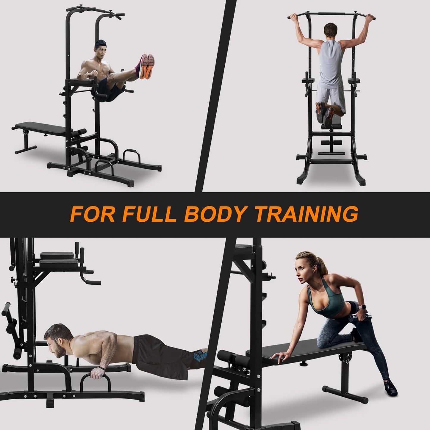 Power Tower with Bench Pull up Bar Dip Station Adjustable Height Dip Stand Multi-Function Fitness Rack for Gym Home Living Room Black