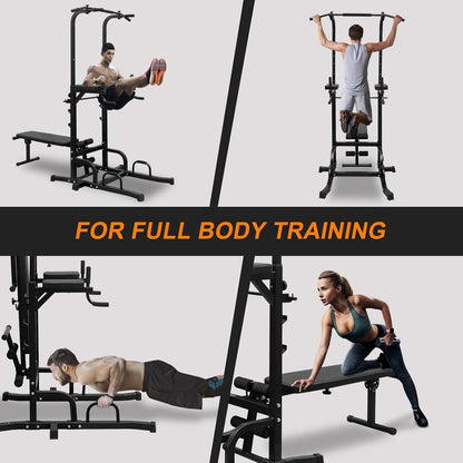 Power Tower with Bench Pull up Bar Dip Station Adjustable Height Dip Stand Multi-Function Fitness Rack for Gym Home Living Room Black